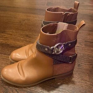 Michael Kors Tan Brown Leather Ankle Boots with Logo Strap